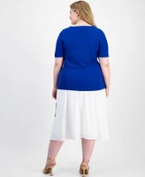 Anne Klein Plus Size Square Neck Sweater Printed Flared Skirt