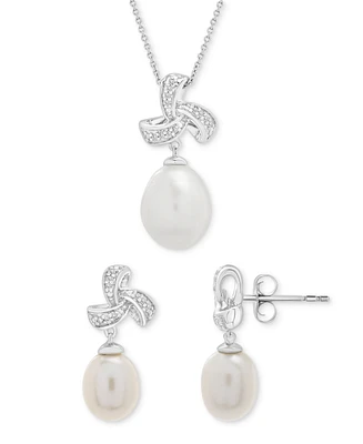Cultured Freshwater Pearl & Diamond (1/10 ct. t.w.) Pendant Necklace & Drop Earrings Set in Sterling Silver