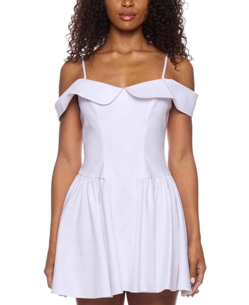 B Darlin Juniors' Sweetheart Spaghetti-Strap Cold-Shoulder Twill Fit & Flare Dress