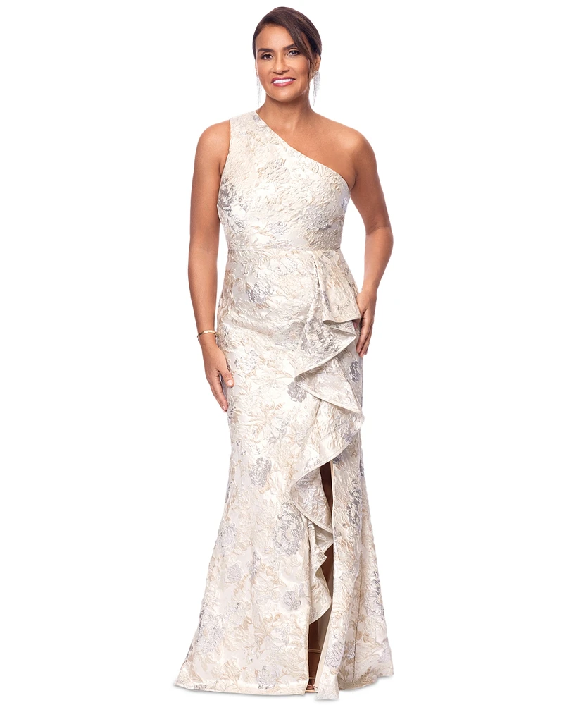 Xscape Petite One-Shoulder Metallic Jacquard Gown