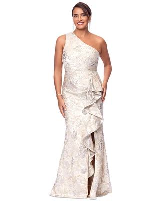 Xscape Petite One-Shoulder Metallic Jacquard Gown