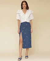 Avec Les Filles Women's Embroidered Denim Midi Skirt
