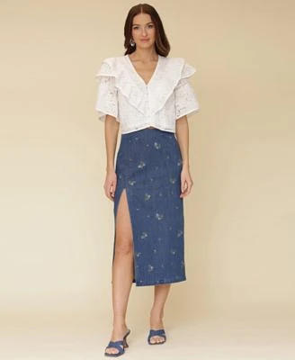 Avec Les Filles Womens Tiered Ruffle Cropped Top Embroidered Denim Midi Skirt