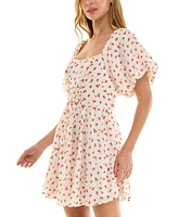 Crystal Doll Juniors' Printed Lace-Up Bubble-Sleeve Skater Dress