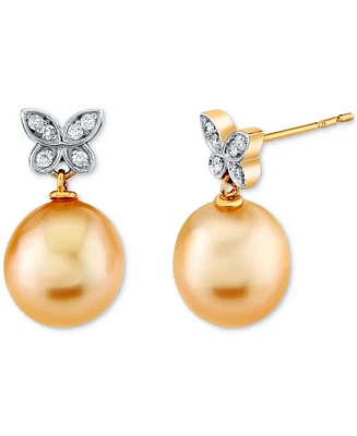 Cultured Golden South Sea Pearl (9mm) & Diamond (1/10 ct. t.w.) Drop Earrings in 14k Yellow Gold