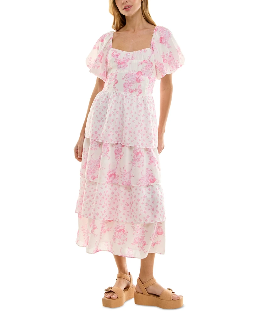 Crystal Doll Juniors' Floral-Print Bubble-Sleeve Smocked-Back Tiered Dress