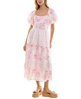 Crystal Doll Juniors' Floral-Print Bubble-Sleeve Smocked-Back Tiered Dress