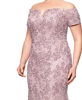 Xscape Plus Short-Sleeve Lace Off-The-Shoulder Gown