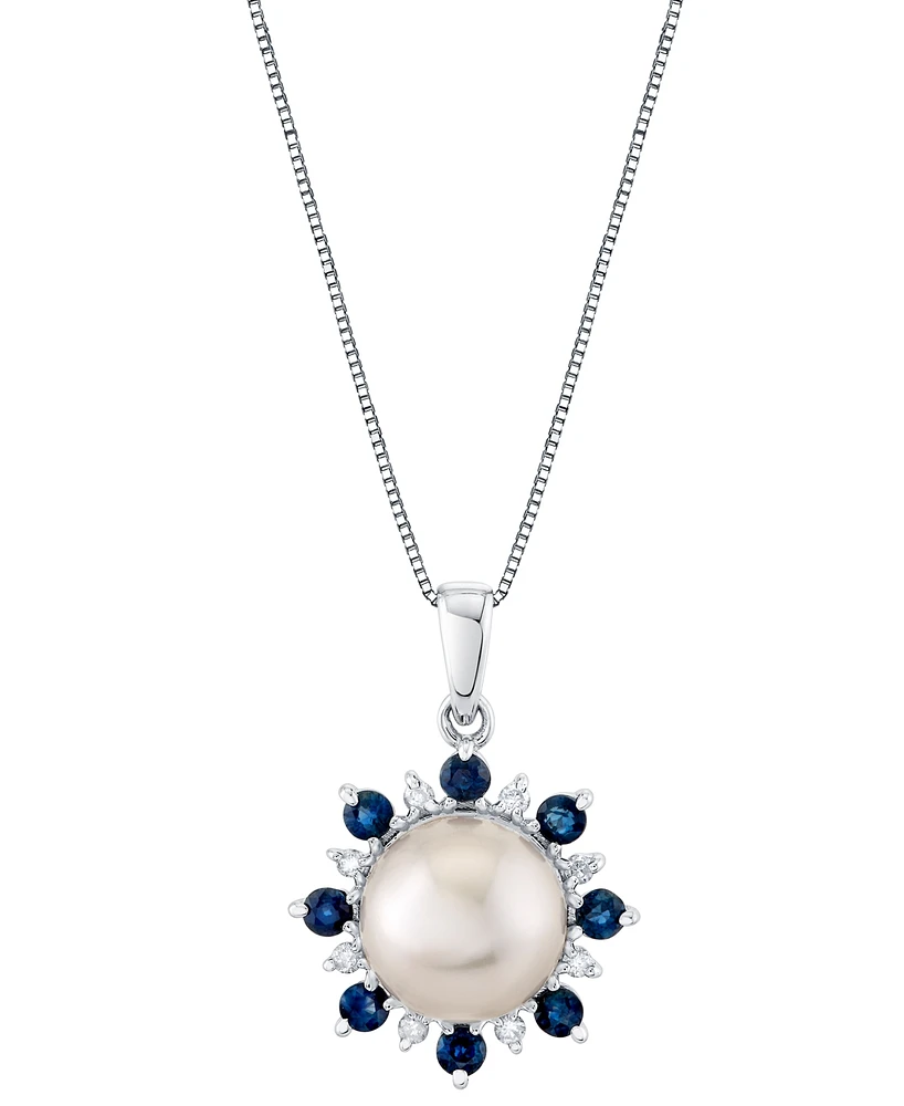 Cultured Freshwater Pearl (9mm), Blue Sapphire (5/8 ct. t.w.) & Diamond 18" Pendant Necklace in 14k White Gold