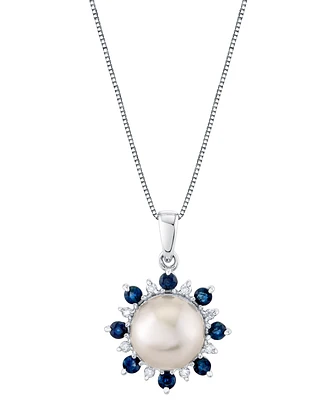 Cultured Freshwater Pearl (9mm), Blue Sapphire (5/8 ct. t.w.) & Diamond 18" Pendant Necklace in 14k White Gold