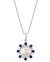 Cultured Freshwater Pearl (9mm), Blue Sapphire (5/8 ct. t.w.) & Diamond 18" Pendant Necklace in 14k White Gold