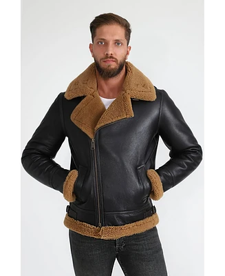 Furniq Uk Men's Shearling Biker Jacket, Silky Brown with Ginger Curly Wool