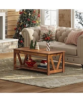 Wlive Farmhouse Coffee Table,Living Room Table with Storage,43 in Wood Center Table with V-Shaped Frame for Home Office,Apartment,Rustic Brown