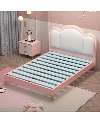 Queen Size Platform Bed Frame with Pu Leather Headboard, Platform Bed with Solid wood Frame Support, Large Single Double Bed for Kid