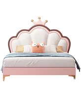 Queen Size Platform Bed Frame with Crown Shaped Headboard, Large Full Children's Bed Frame, Single Double Bed with Pu Leather Headboard