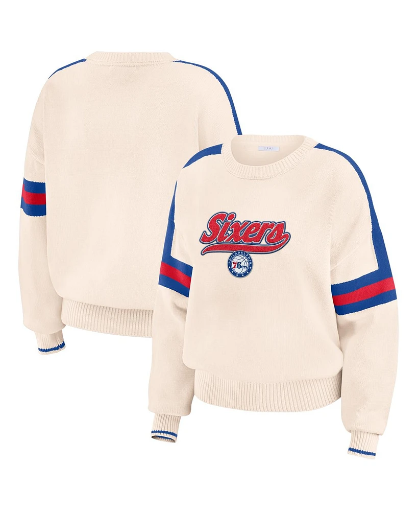 Wear by Erin Andrews Women's Cream Philadelphia 76ers Stripe Pullover Sweater