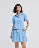 Reistor Women's Drawstring Denim Shirt Dress with Front Buttons Blue