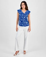 Ak Anne Klein Women's Printed V-Neck Cap-Sleeve Top