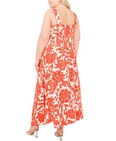 Vince Camuto Plus Printed Square-Neck Smocked-Back Maxi Dress