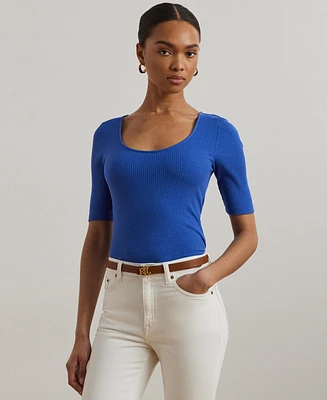 Lauren Ralph Women's Rib-Knit Cotton-Blend Elbow-Sleeve Tee