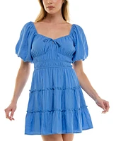 Trixxi Juniors' Bubble-Sleeve Tie Front Tiered Dress