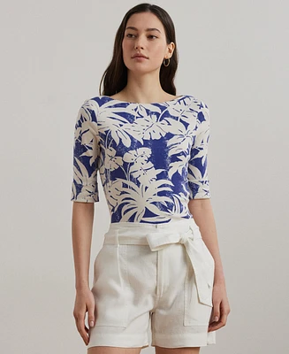 Lauren Ralph Women's Palm-Frond-Print Cotton Boatneck Tee