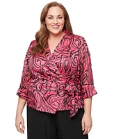 Alex Evenings Plus Printed 3/4-Sleeve Wrap Blouse