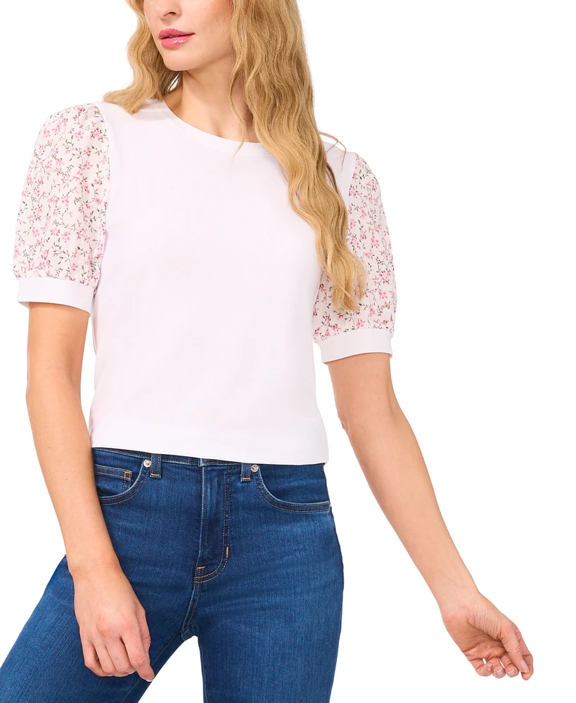 CeCe Women's Puff-Sleeve Mixed-Media Top