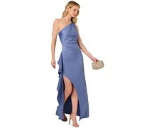 Adrianna Papell Women's One-Shoulder Ruffle-Trim Satin Crepe Gown