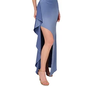 Adrianna Papell Women's One-Shoulder Ruffle-Trim Satin Crepe Gown