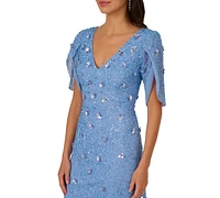 Adrianna Papell Women's V-Neck Petal-Sleeve Beaded Gown