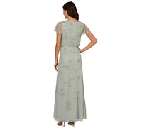 Adrianna Papell Petite Aqua Dust Boat-Neck Beaded Dress