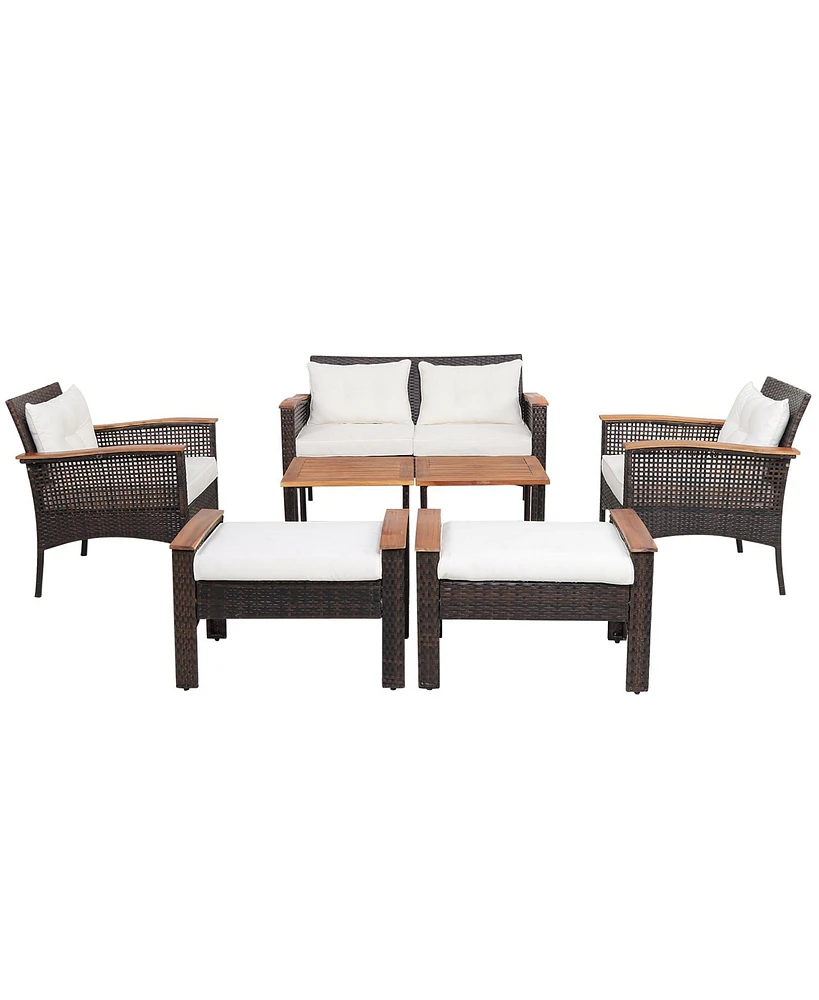 Gymax 7 Piece Outdoor Wicker Conversation Set Patio Rattan Sofa Set w/ Coffee Tables Cushions
