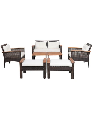 Gymax 7 Piece Outdoor Wicker Conversation Set Patio Rattan Sofa Set w/ Coffee Tables Cushions