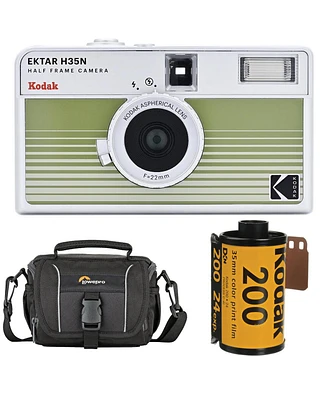 Kodak Ektar H35N Half Frame Film Camera, Striped Green, Bundle with Kodacolor Gold 200 35mm Color Negative Roll Film, 24 Exposure and Shoulder Bag