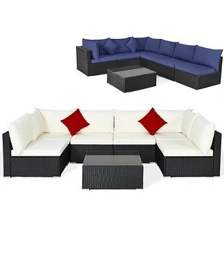 Gymax 7 Piece Patio Rattan Conversation Sectional Furniture Set with Cushion Pillow