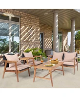 Gymax 4 Piece Patio Conversation Set Outdoor Furniture Set w/ Cushions & Wood Frame