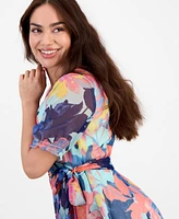 Tahari Asl Petite Shadow Stripe Ruffle Floral Print Dress