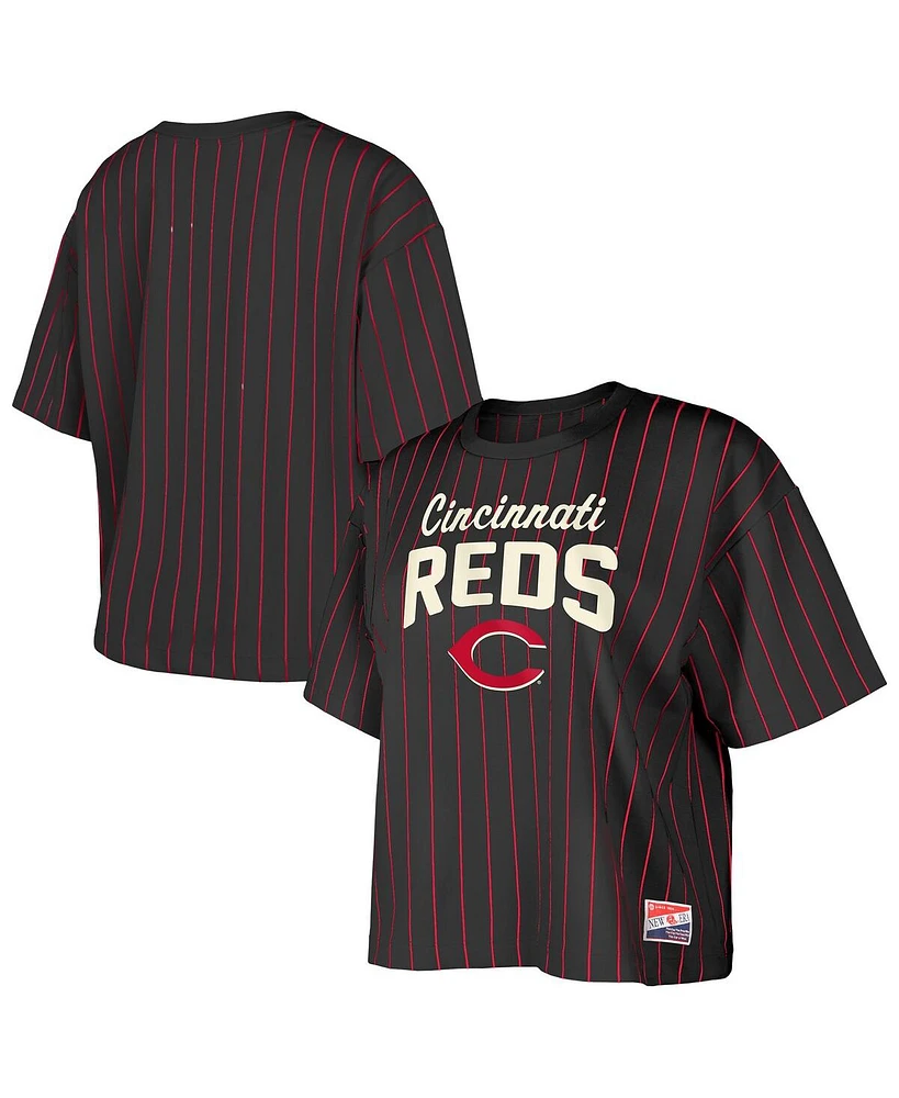 New Era Women's Black Cincinnati Reds Cooperstown Collection Multiplier Pinstripe Cropped T-Shirt