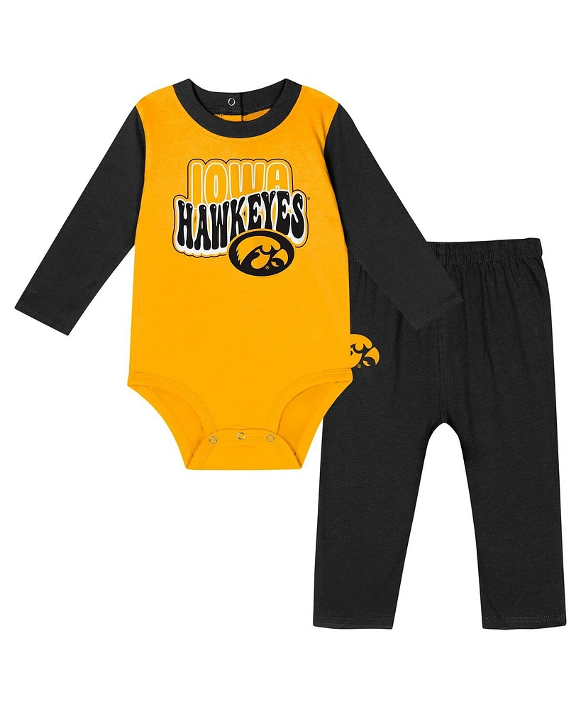 Outerstuff Baby Boys and Girls Black Iowa Hawkeyes Double Up Long Sleeve Bodysuit Pant
