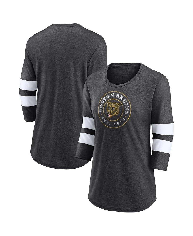 Fanatics Women's Heather Charcoal Boston Bruins One Timer Tri-Blend Scoop Neck 3/4-Sleeve T-Shirt