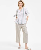 Charter Club Women's 100% Linen Striped Tie-Cuff Top, Exclusively at Macy's