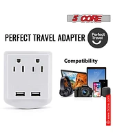 5 Core European Travel Plug Adapter, International Power Plug w/ 2 Usb, 2 Outlet Surge Protector Adaptor Charger