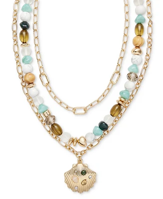 On 34th Gold-Tone Mixed Stone & Bead Shell Layered Pendant Necklace, 16" + 3" extender, Exclusively at Macy's