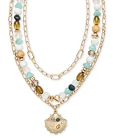 On 34th Gold-Tone Mixed Stone & Bead Shell Layered Pendant Necklace, 16" + 3" extender, Exclusively at Macy's