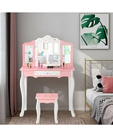Kids Princess Vanity Table and Stool Set with Tri-folding Mirror and Drawer