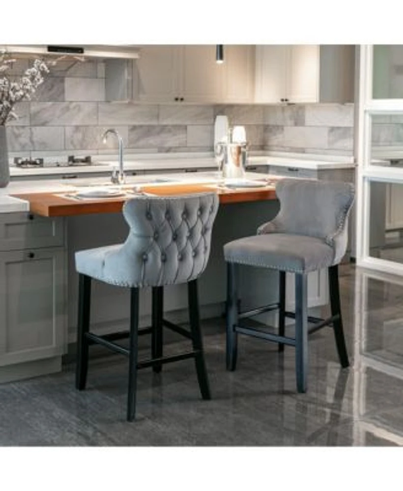 Velvet Upholstered Bar Stools With Button Tufted Wingback Counter Height Bar Chairs Set Of 2 The Pop Home