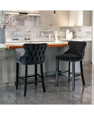 Velvet Upholstered Bar Stools with Button Tufted Wingback, Counter Height Chairs, Set of 2-The Pop Home