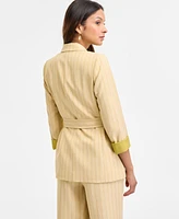 Tahari Asl Women's Pinstriped Notched Collar Belted Blazer