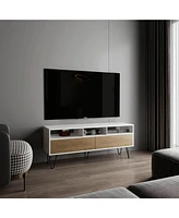 Salunga Tv Stand, 2 Doors, 3 Shelves, 5 Legs, White/Natural Oak